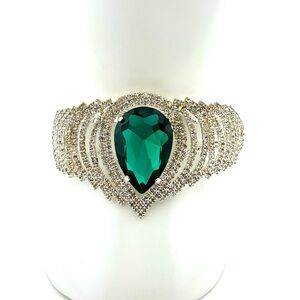Silver Toned Emerald Green and White Rhinestone Statement Clamp Closer Bracelet